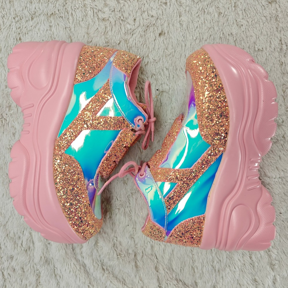 YRU Pink Holographic Glitter Chunky Platform Sneaker Shoe Sz7 Rave Festival Punk - Picture 5 of 10